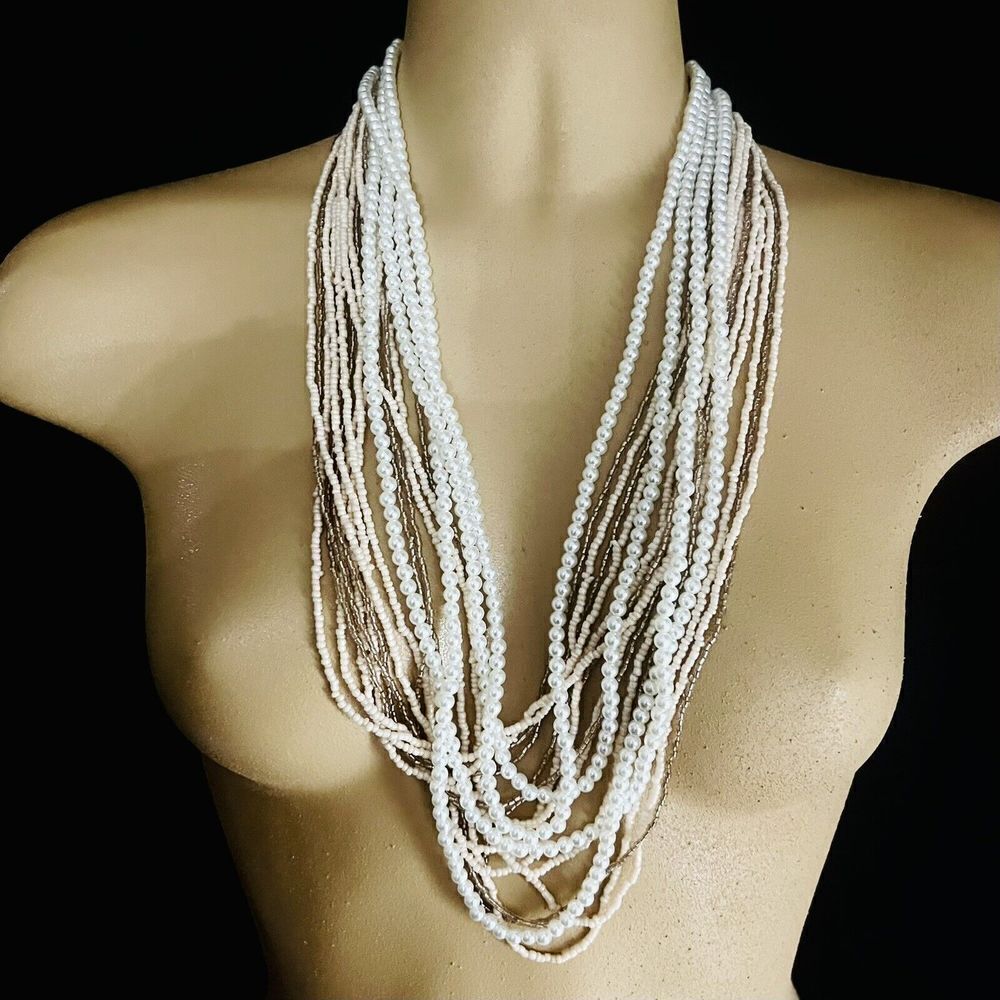 Vintage Chunky Multi Strand Faux Seed Pearls Beds Bib Statement Necklace 1084